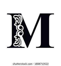 ornamento floral de la letra M. Logo del vector. Alfabeto monograma. Hermosas letras florales de mayúsculas

