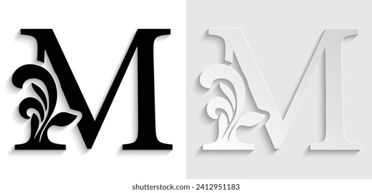 letter M flower  ornament. Vector logo. Monogram alphabet. Beautiful floral capital letters