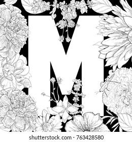 the letter M with flowers drawing vector on black background