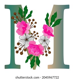  Letter M with flowers, isolated on white background. Isolated object, vector.
