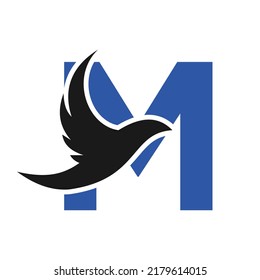 Letter M Flying Bird Logo Template Vector Sign. Dove Bird Logo on Letter M Concept
