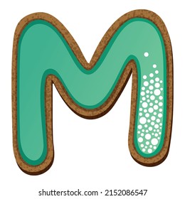 Letter m in the form of cookies with aquamarine icing, alphabet, vector illustration