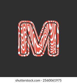 Letter M from fresh raw meat fish. Vector latin meat alphabet. Red meat salmon font for restaurants, butcher shop, farmers market, Salmon fillet marble texture, fish pattern. 