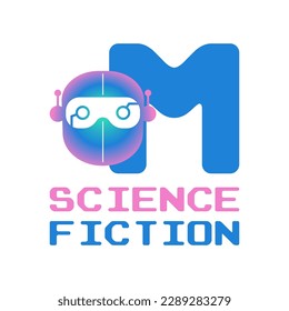 letter M futuristic robot head digital vector logo design
