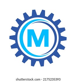 Plantilla de diseño del logotipo del engranaje M de la letra. Logotipo de engranaje de automoción para identidad industrial y empresarial