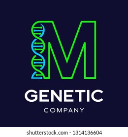 Letter M Genetic DNA vector logo template. Design with chromosome symbol. This logo is suitable for research, science, medical, logotype, technology, lab, molecule, protein, nucleus, spiral.