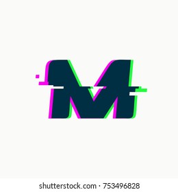 Letter M. Glitch font, vector isolated abstract symbol with digital noise, modern design alphabet element on white background.