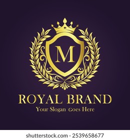 Letter M gold crown logo vector design illustration.