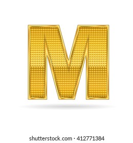  letter M in gold metal   isolated  on white  background