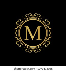 letter M golden  flower  ornament. Vector logo. Monogram alphabet gold . Beautiful floral capital letters
