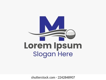 Letter M Golf Logo Concept With Moving Golf Ball Icon. Hockey Sports Logotype Template