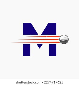 Letter M Golf Logo Design. Initial Hockey Sport Academy Sign, Club Symbol