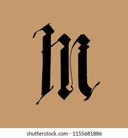 Letter M, in the Gothic style. Vector. Alphabet. The symbol is isolated on a golden background. Calligraphy and lettering. Medieval Latin letter. Logo for the company. Elegant font for tattoo.