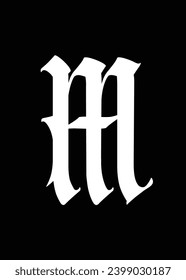 Letter m, in the Gothic style. Vector. Alphabet. The symbol is isolated on a black background. Calligraphy and lettering. Medieval Latin letter. Logo for the company. Monogram. Elegant font for tattoo