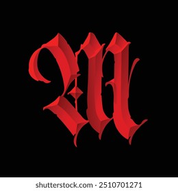 Letter M, in the Gothic style. Vector. Alphabet. Calligraphy and lettering. Medieval Latin letter. Logo for the company. Monogram. Elegant font for tattoo.