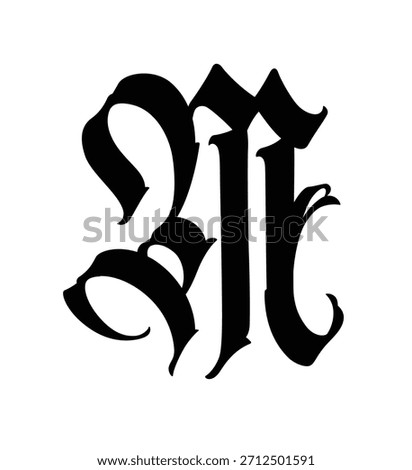 Letter M, in the Gothic style. Vector. Alphabet. Calligraphy and lettering. Medieval Latin letter. Logo for the company. Monogram. Elegant font for tattoo.