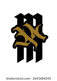 Letter M in graffiti and gothic style. Vector. Graffiti, tag and medieval latin letter. Signs and symbols for design. Calligraphy, lettering and tags. Modern interpretation of gothic.