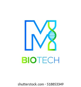 Letter M Green and Blue with abstract biotechnology dna logotype. Medicine, science, laboratory,Technology DNA vector concept