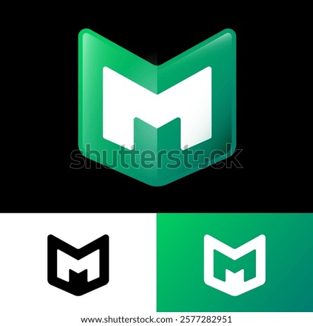 Letter M in green geometric badge like arrow down. M monogram into shield. 