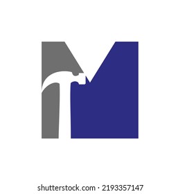 Letter M Hammer Logo Concept For Construction, Woodworking Company Repair Symbol Vector Template