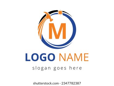 Letter M Hammer Logo Concept For Construction, Woodworking Company Repair Symbol Vector Template.  Modern vector logo for construction business, and company identity