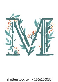 Letter M hand drawn tree branches with leaves and berries botanical flowers floral hand drawn scandinavian style art design element flat vector illustration