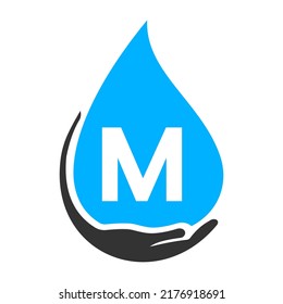 Letter M Hand and Water Logo Concept. Water Care Logo Vector Template