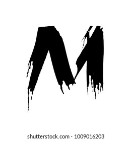 Letter M. Handwritten by dry brush. Rough strokes font. Vector illustration. Grunge style elegant alphabet.