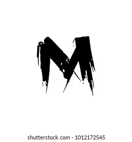 Letter M. Handwritten by dry brush. Rough strokes font. Vector illustration. Grunge style elegant alphabet.