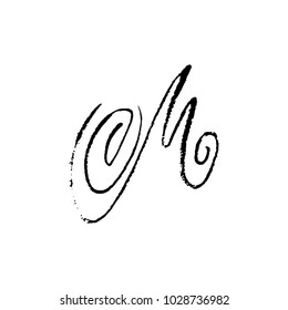 Letter M. Handwritten by dry brush. Rough strokes textured font. Vector illustration. Grunge style elegant alphabet.