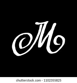 Letter M. Handwritten by dry brush. Rough strokes textured font. Vector illustration. Grunge style alphabet.