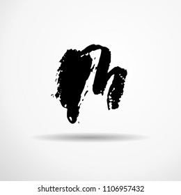 Letter M. Handwritten by dry brush. Rough strokes textured font. Vector illustration. Grunge style alphabet.