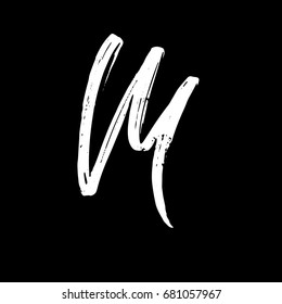 Letter M. Handwritten by dry brush. Rough strokes font. Vector illustration. Grunge style alphabet