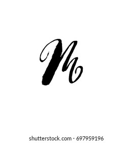 Letter M. Handwritten by dry brush. Rough strokes font. Vector illustration. Grunge style elegant alphabet