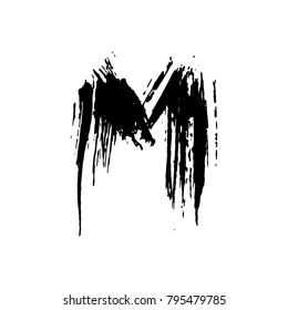 Letter M. Handwritten by dry brush. Rough strokes font. Vector illustration. Grunge style elegant alphabet.