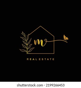 letter M handwritten Real estate logo concept. Feminine style Handwritten alphabet with floral in the logo template. Letters and Alphabet for your logo design.