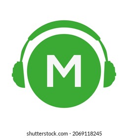 letter M head phone simple vector icon or logo with green color