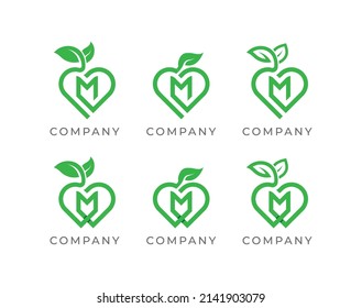 Letter M Heart Leaf Logo Concept sign icon symbol Design. Vector illustration logo template