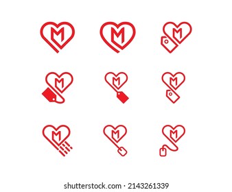 Letra M símbolo de signo de concepto de vectores con logotipo cardíaco Diseño. plantilla de logotipo de ilustración