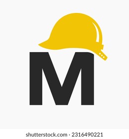 Letter M Helmet Construction Logo Concept With Safety Helmet Icon. Engineering Architect Logotype