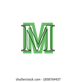 letter M icon with black border in green silhouette, environmentally sustainable style