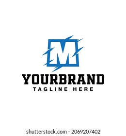 letter M icon in blue color, scratch effect. modern template logo design