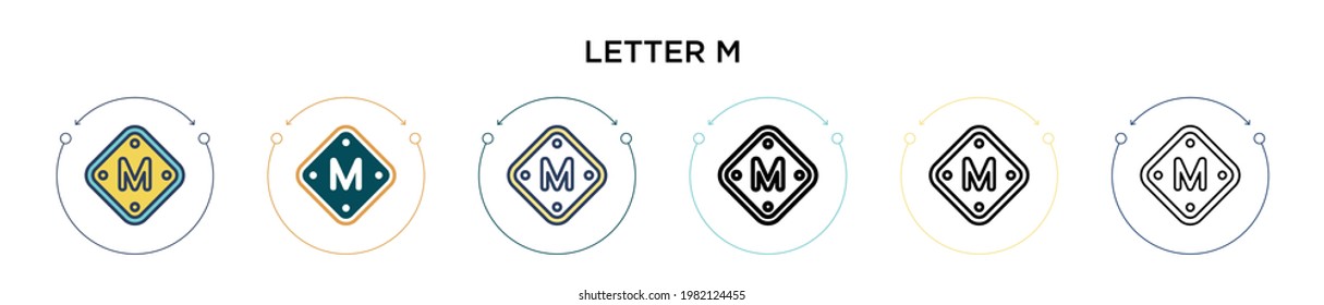 Icono de letra m en el estilo relleno, delgado, contorno y trazo. Ilustración vectorial de dos iconos vectoriales de letras negras y coloreadas m se puede utilizar para móviles, ui, web