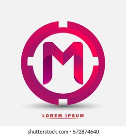 Letter M icon and logo for business name.  New design and elegant typographic. twisted, with red rings