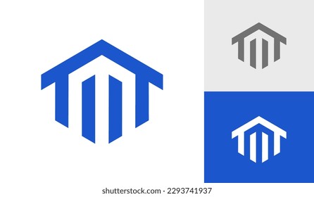 Letter M initial hexagon monogram with house roof logo design vector