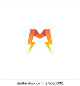 Plantilla de diseño inicial del logotipo de la letra M. Concepto del logotipo de Alphabet Thunder. Tema del color de la graduación naranja amarilla. Aislado En Fondo Blanco