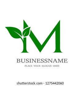 Letter M Initial natural vector logo template. Design with leaf and green color.