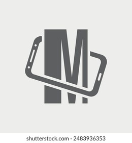 Letra M Diseño inicial del logotipo del teléfono. Este logotipo es muy adecuado para un servicio de reparación de teléfonos móviles, diseñador de App, tienda de telefonía, tienda web de electrónica, tienda de accesorios, vendedor restaurado.