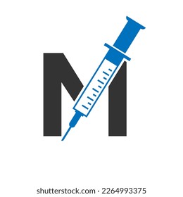 Letter M Injection Logo Design Vector Template. Healthcare Logotype