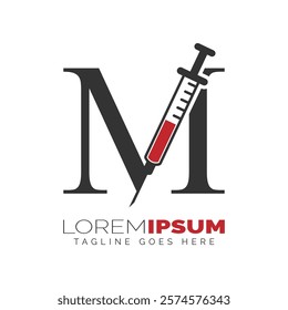 Letter M Injection Logo Design. Alphabet M Syringe icon illustration